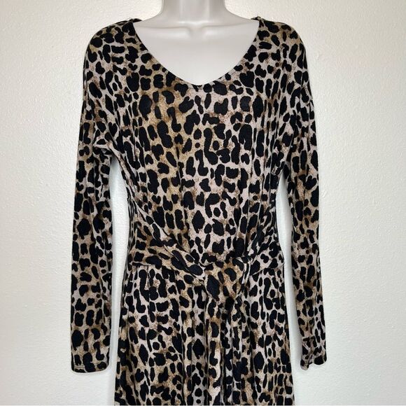 Reborn J Animal Print Front Tie Long Sleeve Scoop V Neck Dress Women Size Small - Picture 3 of 11